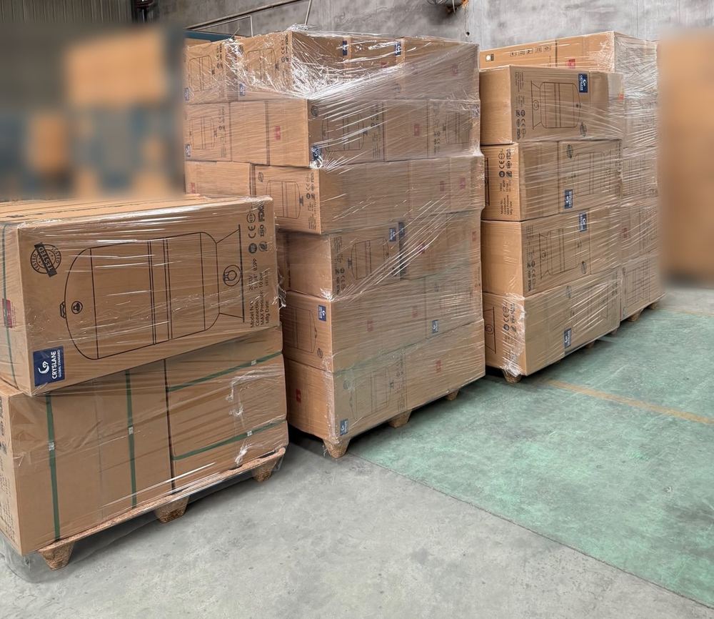 Cryslane pressure tanks palletised and ready for shipment